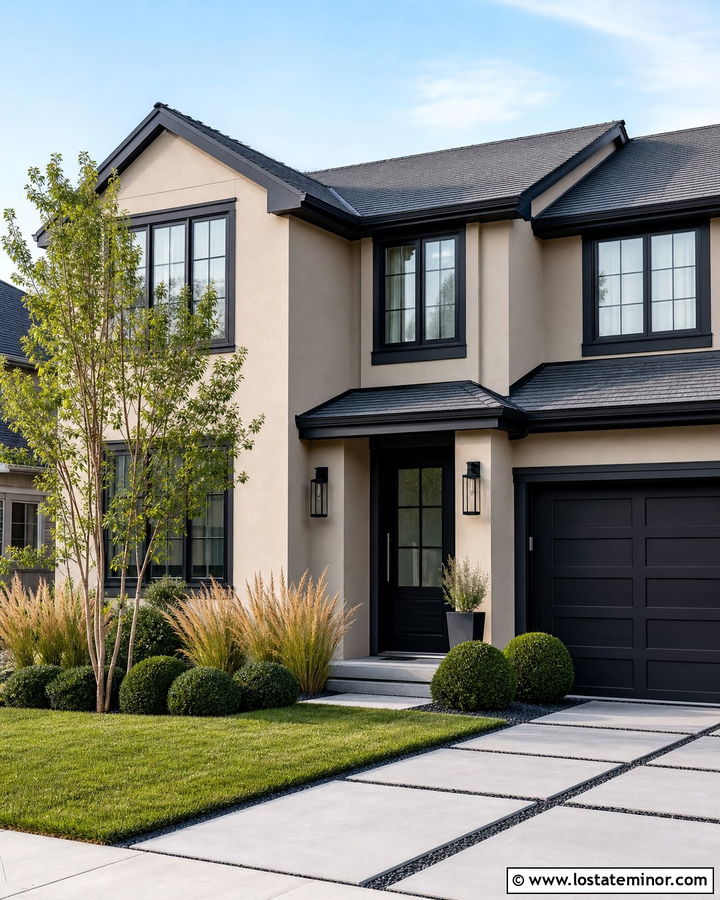 Tan House With Black Trim And Ornamental Grasses - 30 Tan House Design With Landscaping Ideas