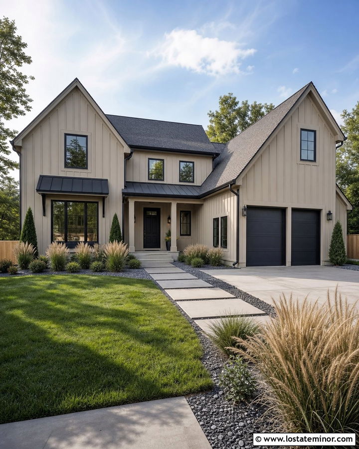 Tan House With Black Trim And Ornamental Grasses - 30 Tan House Design With Front Yard Ideas