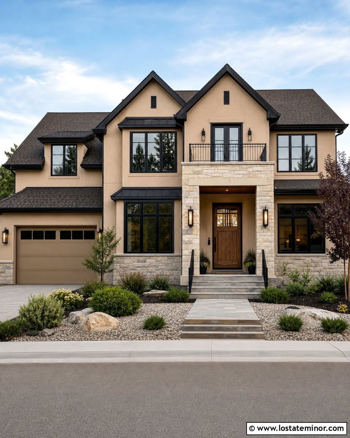 Tan House With Black Trim And Stone - 30 Tan House Design With Stone Accents Ideas