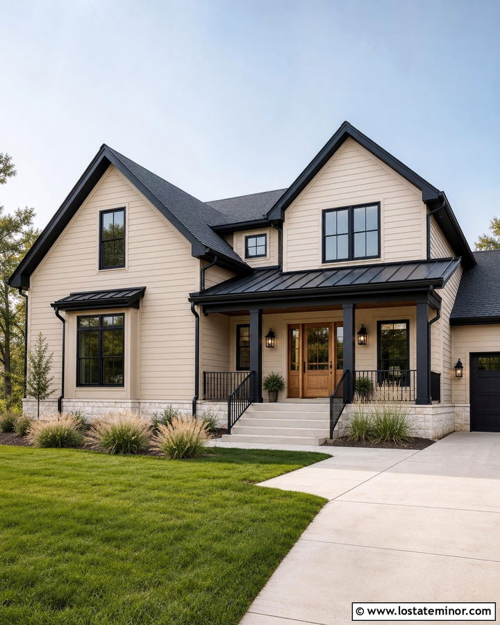 Tan House With Black Trim And Wood Door - 30 Tan House Design With Accents Ideas