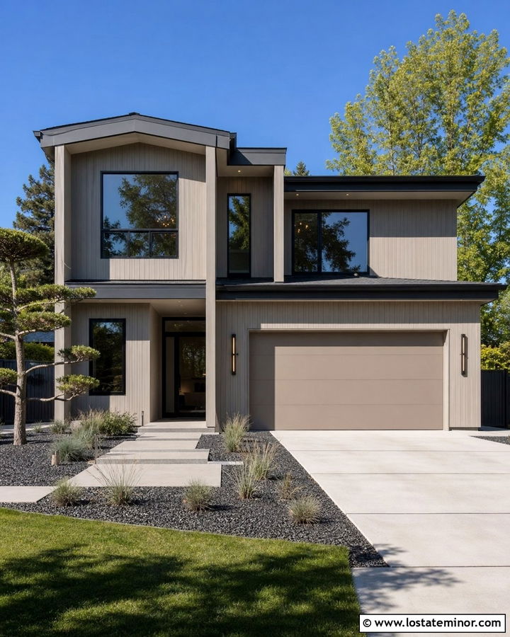 Tan House With Black Window Frames And Linear Lights - 30 Tan House Design With Lighting Ideas