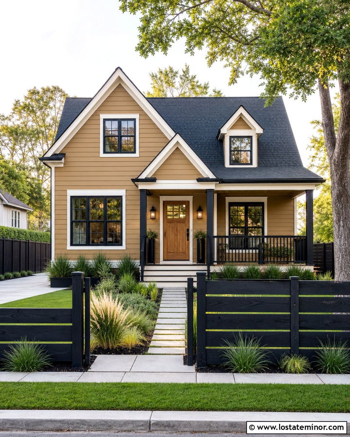 Tan House With Black Wood Fence - 30 Tan House Design With Fence Ideas