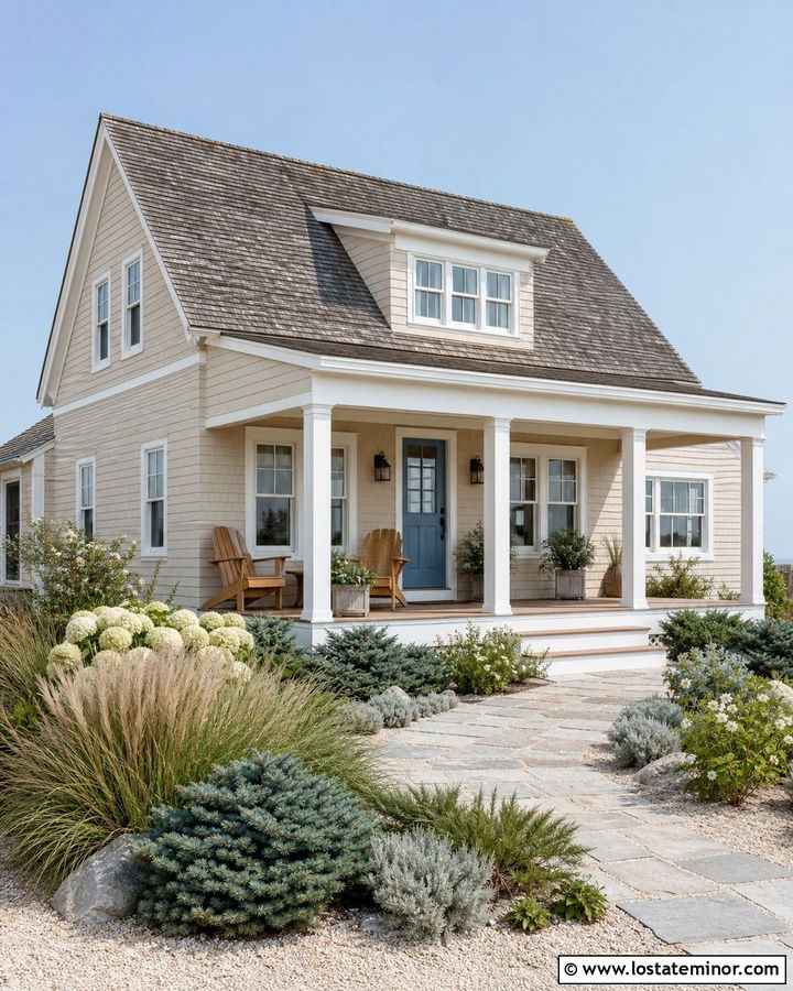 Tan House With Blue Door And Coastal Landscaping - 30 Tan House Design With Landscaping Ideas