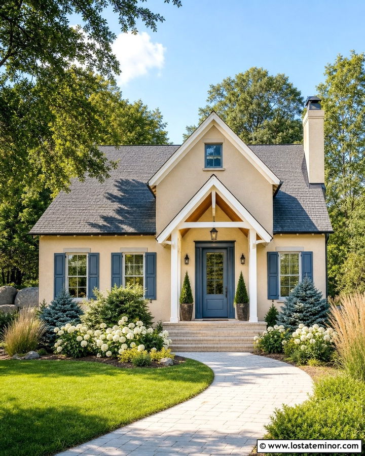 Tan House With Blue Door Portico - 30 Tan House Design With Portico Ideas