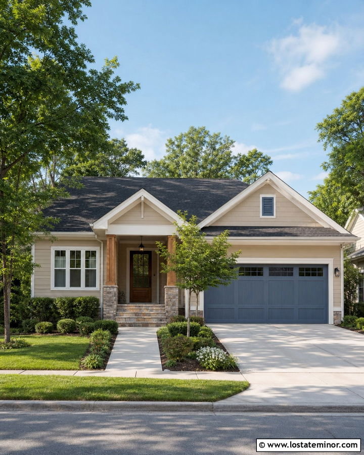 Tan House With Blue Gray Garage Door - 30 Tan House Design With Garage Door Ideas