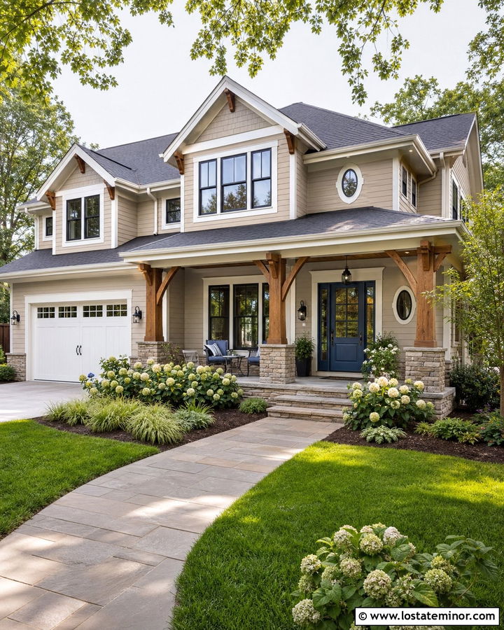 Tan House With Blue Storm Door And Cedar Accents - 30 Tan House Design With Storm Door Ideas