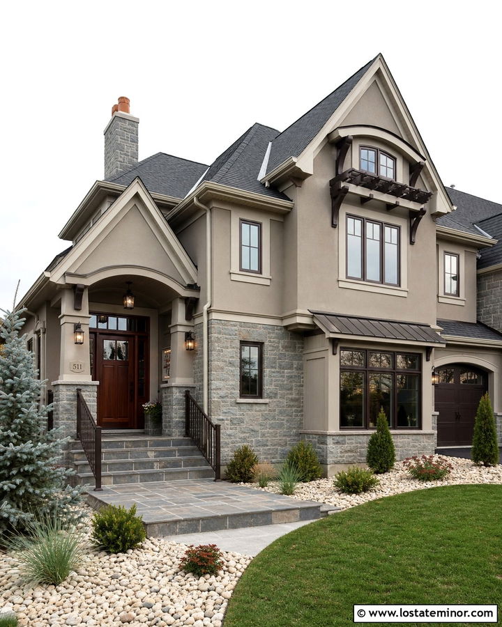 Tan House With Bluestone Accents - 30 Tan House Design With Stone Accents Ideas