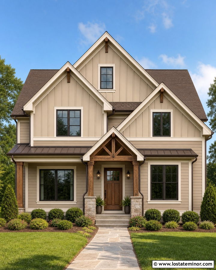 Tan House With Board And Batten Gables - 30 Tan House Design With Gables Ideas