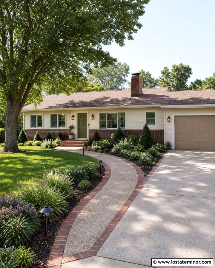 Tan House With Brick Accents And Path Lights - 30 Tan House Design With Lighting Ideas