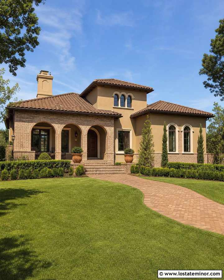 Tan House With Brick Arches - 30 Tan House Design With Brick Accents Ideas