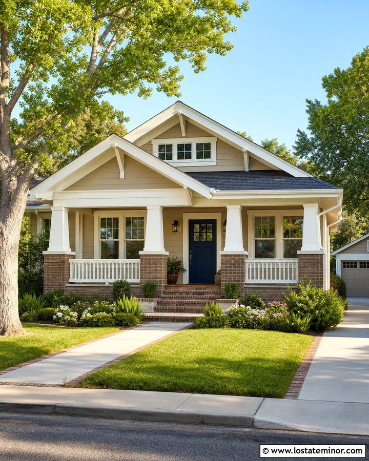 Tan House With Brick Base And White Columns - 30 Tan House Design With Porch Columns Ideas