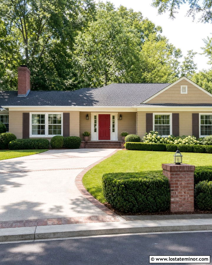 Tan House With Brick Border Driveway - 30 Tan House Design With Driveway Ideas