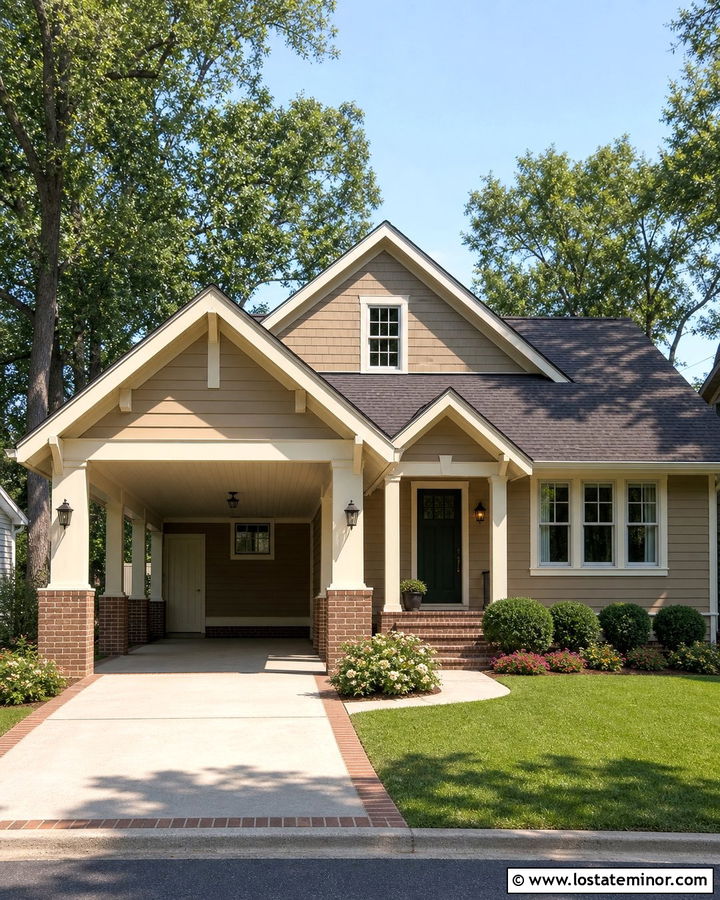 Tan House With Brick Carport Columns - 30 Tan House Design With Carport Ideas