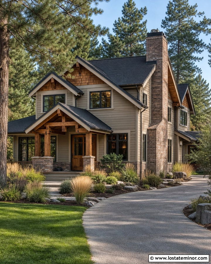 Tan House With Brick Chimney and Cedar Accents - 30 Tan House Design With Brick Accents Ideas