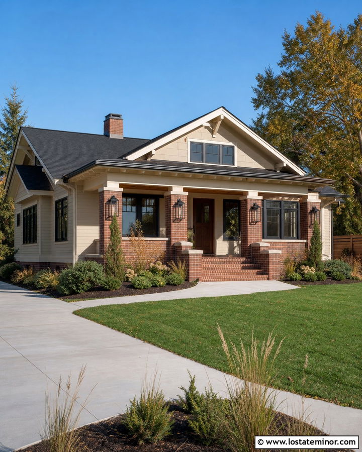 Tan House With Brick Columns and Black Roof - 30 Tan House Design With Brick Accents Ideas