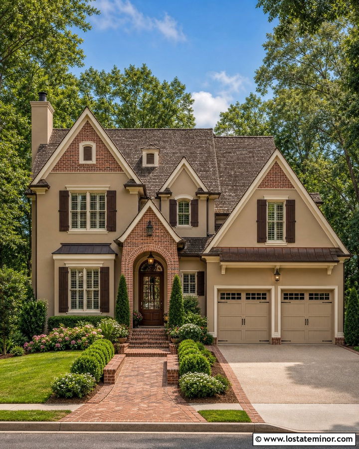 Tan House With Brick Gable Accents - 30 Tan House Design With Gables Ideas