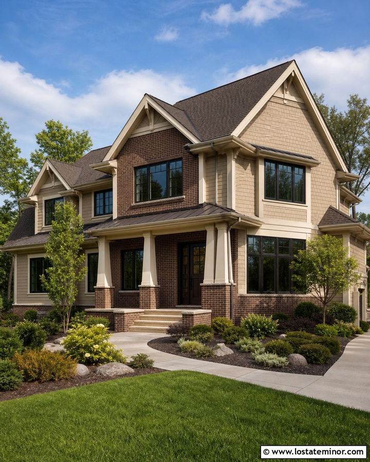 Tan House With Brick Gable Accents - 30 Tan House Design With Brick Accents Ideas