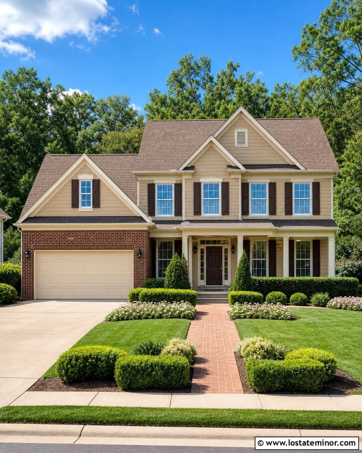 Tan House With Brick Garage Accent - 30 Tan House Design With Garage Door Ideas