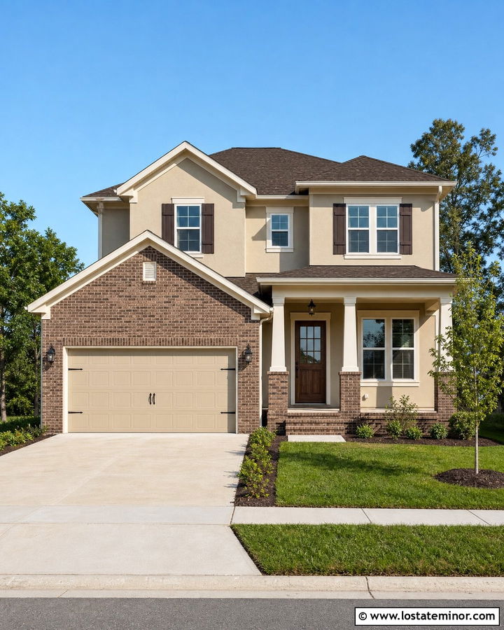 Tan House With Brick Garage Accents - 30 Tan House Design With Brick Accents Ideas