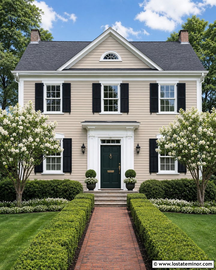 Tan House With Brick Path And Formal Landscaping - 30 Tan House Design With Landscaping Ideas