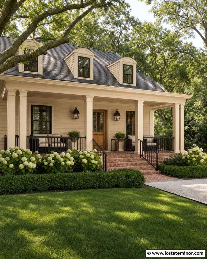 Tan House With Brick Porch Floor - 30 Tan House Design With Brick Accents Ideas