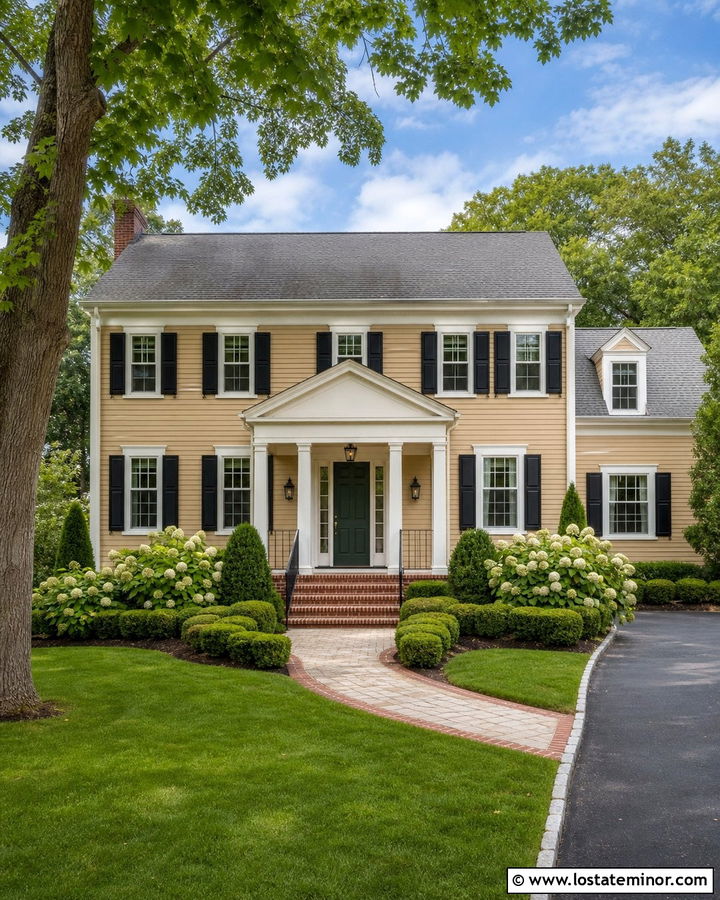 Tan House With Brick Portico Steps - 30 Tan House Design With Portico Ideas