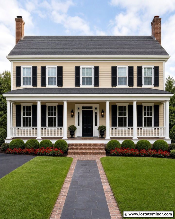 Tan House With Brick Steps And White Railings - 30 Tan House Design With Railings Ideas