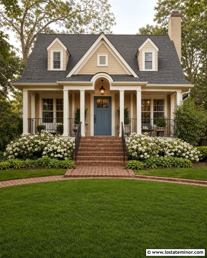 Tan House With Brick Steps and Blue Door - 30 Tan House Design With Brick Accents Ideas