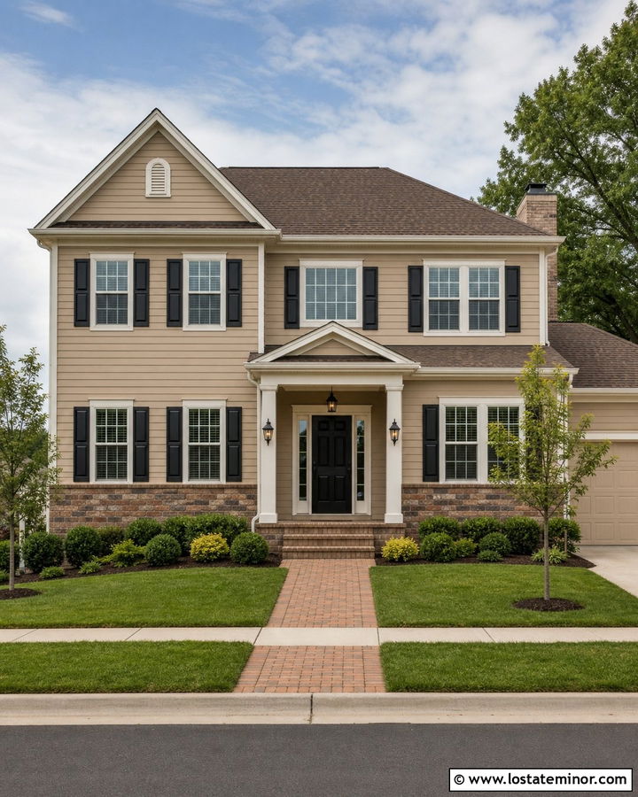 Tan House With Brick Wainscoting And Black Shutters - 30 Tan House Design With Wainscoting Ideas