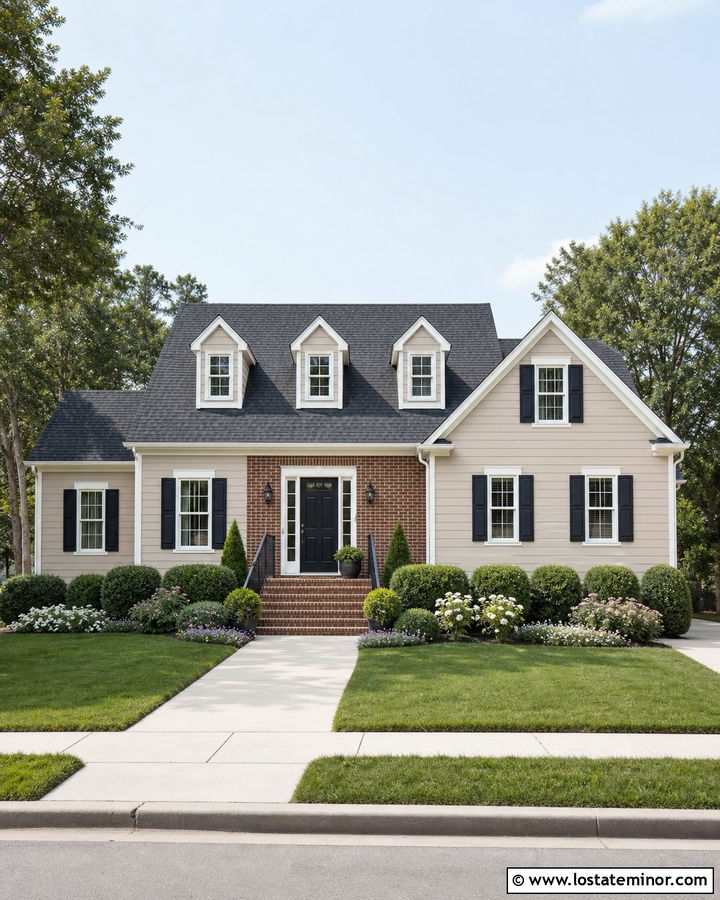 Tan House With Brick and Black Front Door - 30 Tan House Design With Brick Accents Ideas