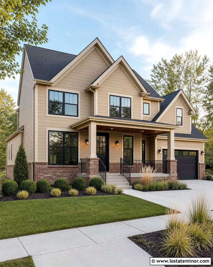 Tan House With Brick and Black Windows - 30 Tan House Design With Brick Accents Ideas