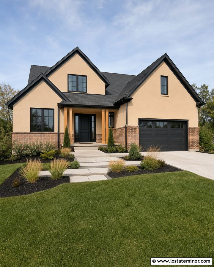 Tan House With Brick and Charcoal Trim - 30 Tan House Design With Brick Accents Ideas