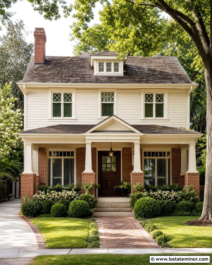 Tan House With Brick and Cream Trim - 30 Tan House Design With Brick Accents Ideas