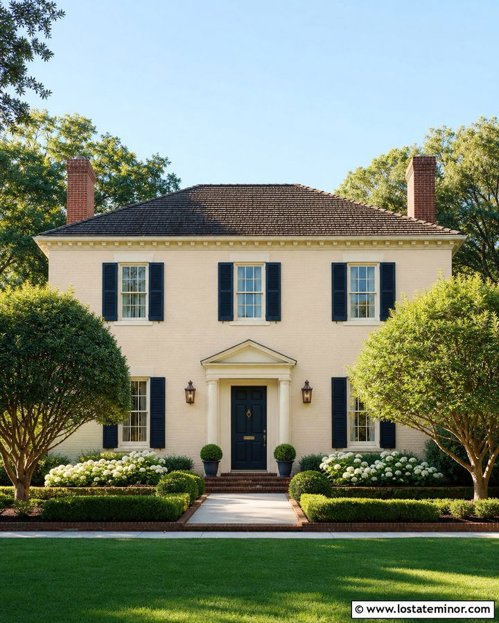 Tan House With Brick and Navy Shutters - 30 Tan House Design With Brick Accents Ideas