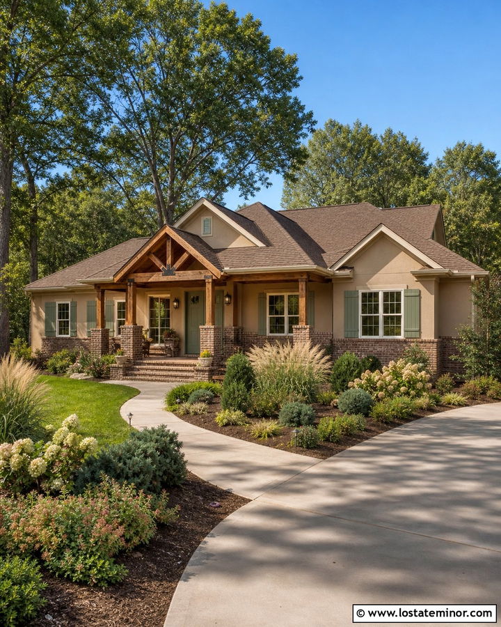 Tan House With Brick and Sage Green Trim - 30 Tan House Design With Brick Accents Ideas