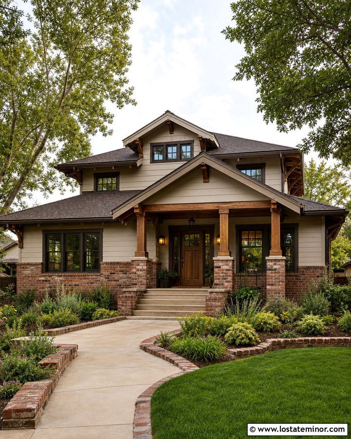 Tan House With Brick and Wood Front Door - 30 Tan House Design With Brick Accents Ideas