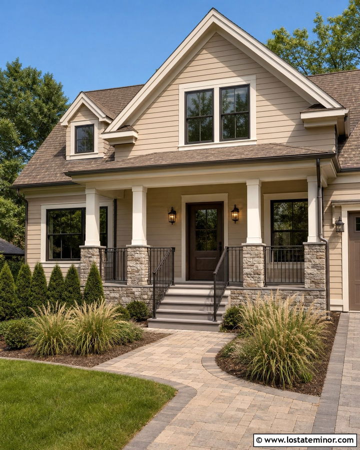 Tan House With Bronze Aluminum Railings - 30 Tan House Design With Railings Ideas