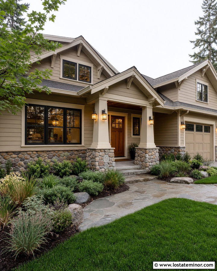 Tan House With Bronze Porch Lights - 30 Tan House Design With Lighting Ideas