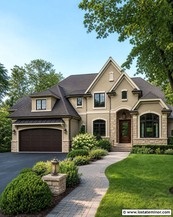 Tan House With Bronze Storm Door And Garage - 30 Tan House Design With Storm Door Ideas