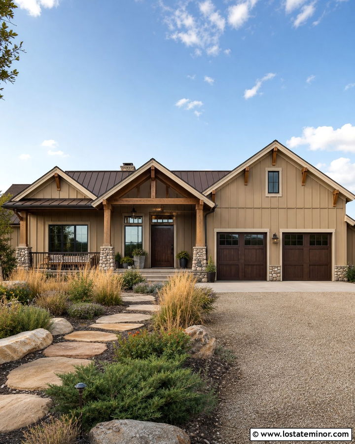 Tan House With Brown Metal Gables - 30 Tan House Design With Gables Ideas