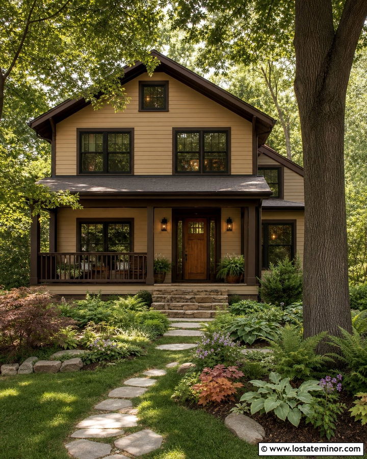 Tan House With Brown Trim And Woodland Landscaping - 30 Tan House Design With Front Yard Ideas