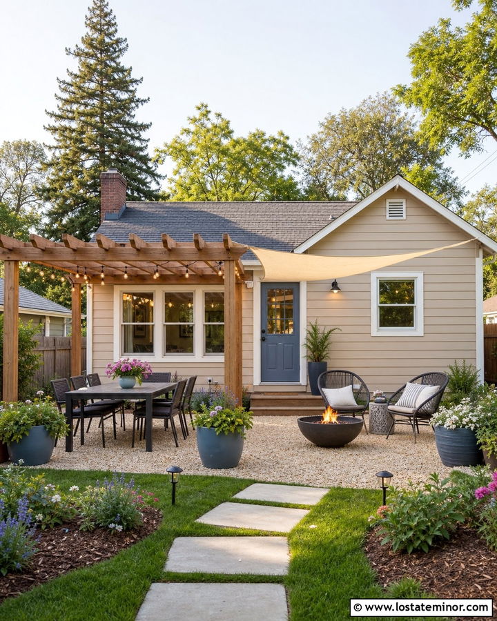 Tan House With Budget Gravel Patio - 30 Tan House Design With Backyard Ideas