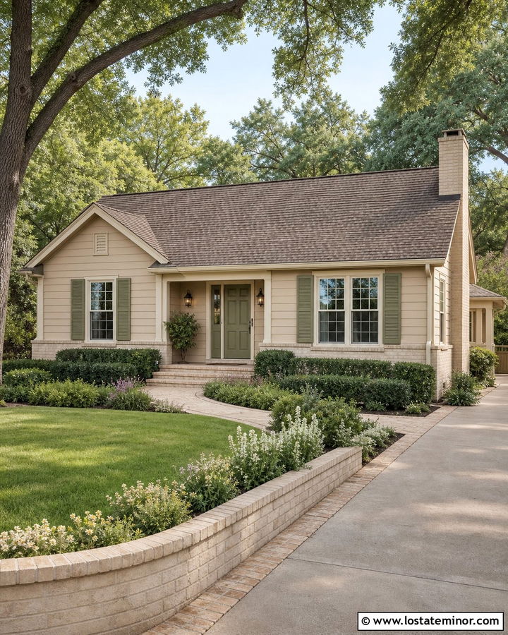 Tan House With Buff Brick Foundation - 30 Tan House Design With Brick Accents Ideas