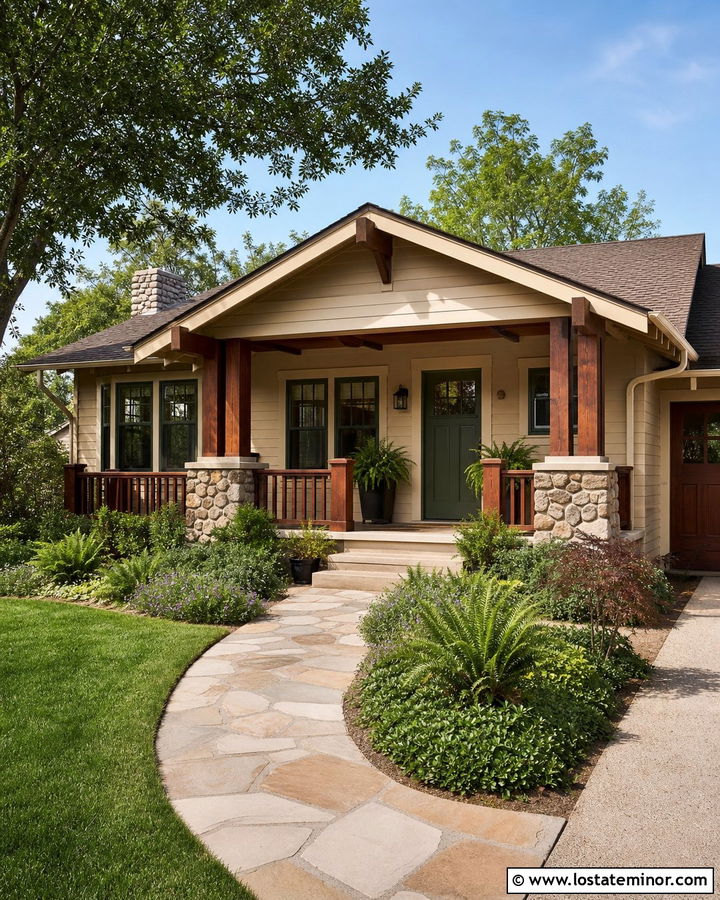 Tan House With Bungalow Wood Railings - 30 Tan House Design With Railings Ideas