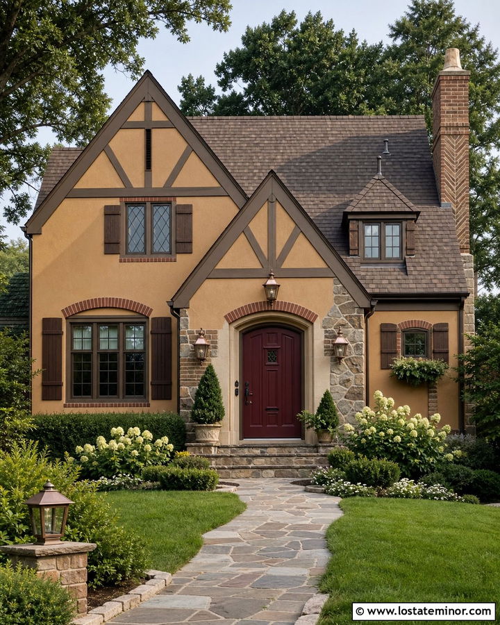 Tan House With Burgundy Entry Door - 30 Tan House Design With Entry Door Ideas