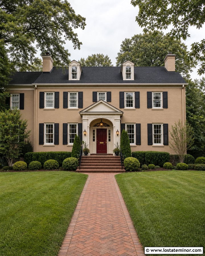 Tan House With Burgundy Front Door - 30 Tan House Design With Accents Ideas
