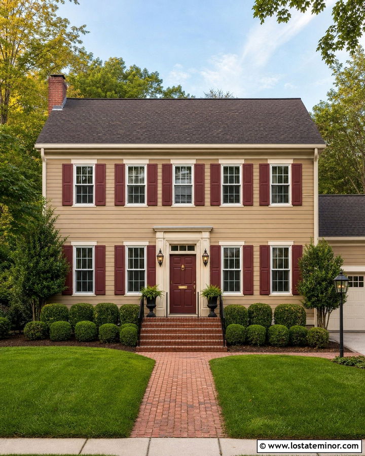 Tan House With Burgundy Shutters - 30 Tan House Design With Shutters Ideas