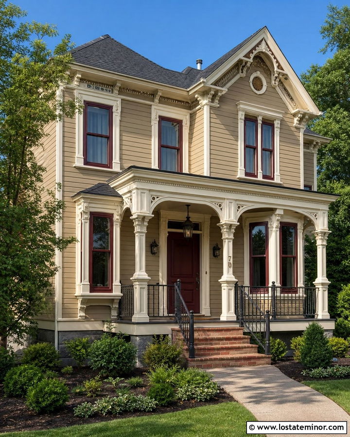 Tan House With Burgundy Window Frames - 30 Tan House Design With Window Frames Ideas