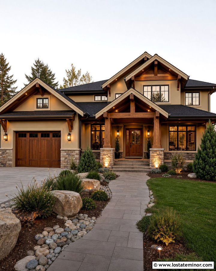 Tan House With Cedar Accents And Bronze Lighting - 30 Tan House Design With Lighting Ideas