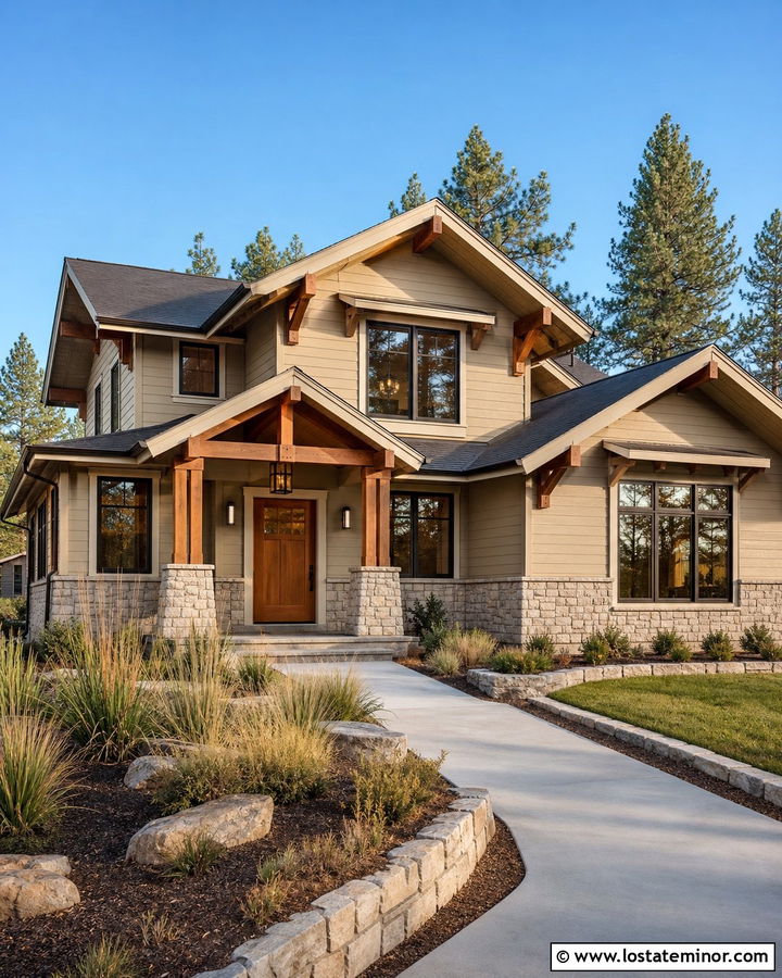 Tan House With Cedar And Stone Accents - 30 Tan House Design With Stone Accents Ideas